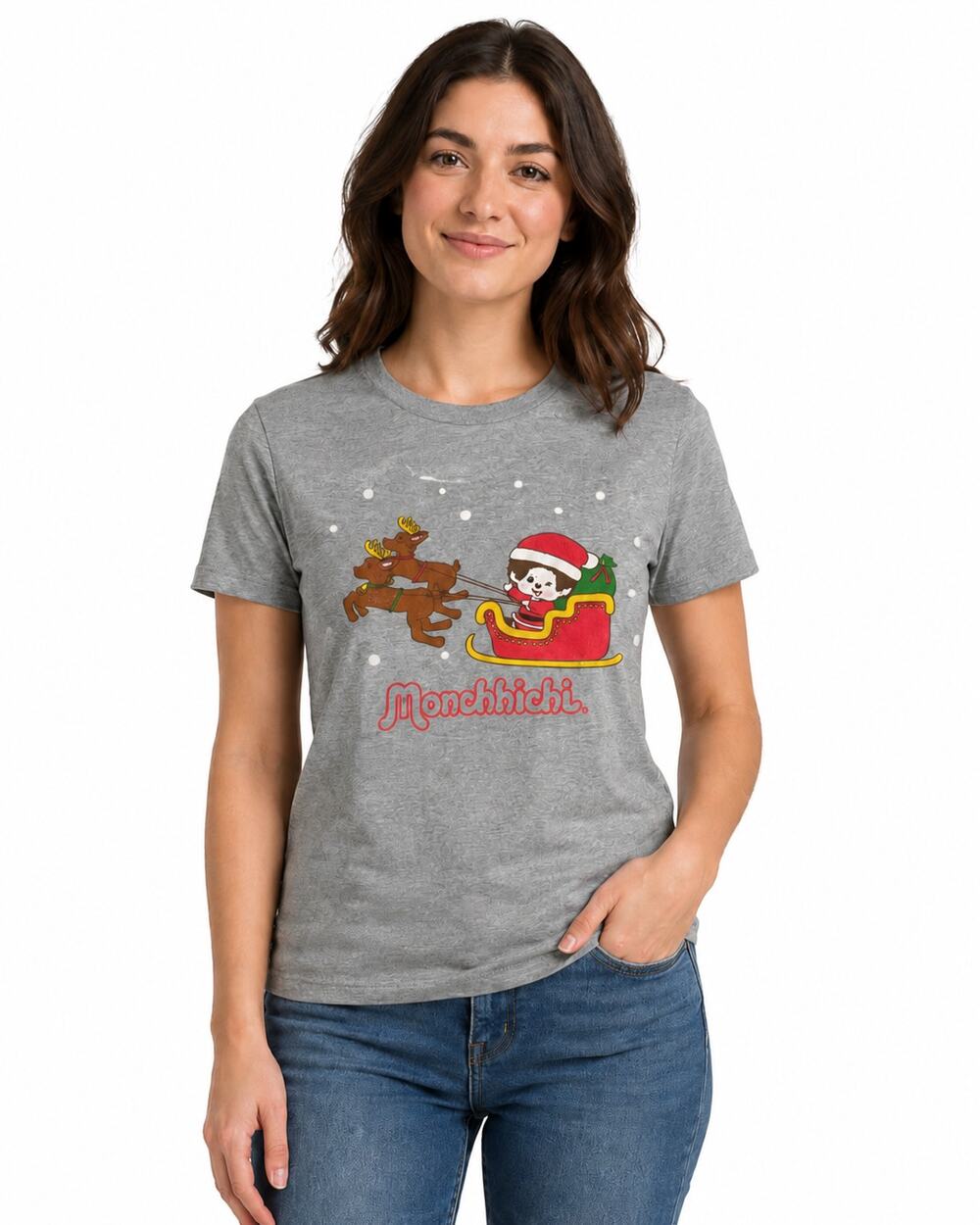 NEW Monchhichi Womens Christmas Sleigh Tee Size M Heather Gray - Picture 1 of 5